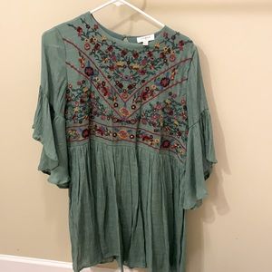 Boho embroidered olive green dress